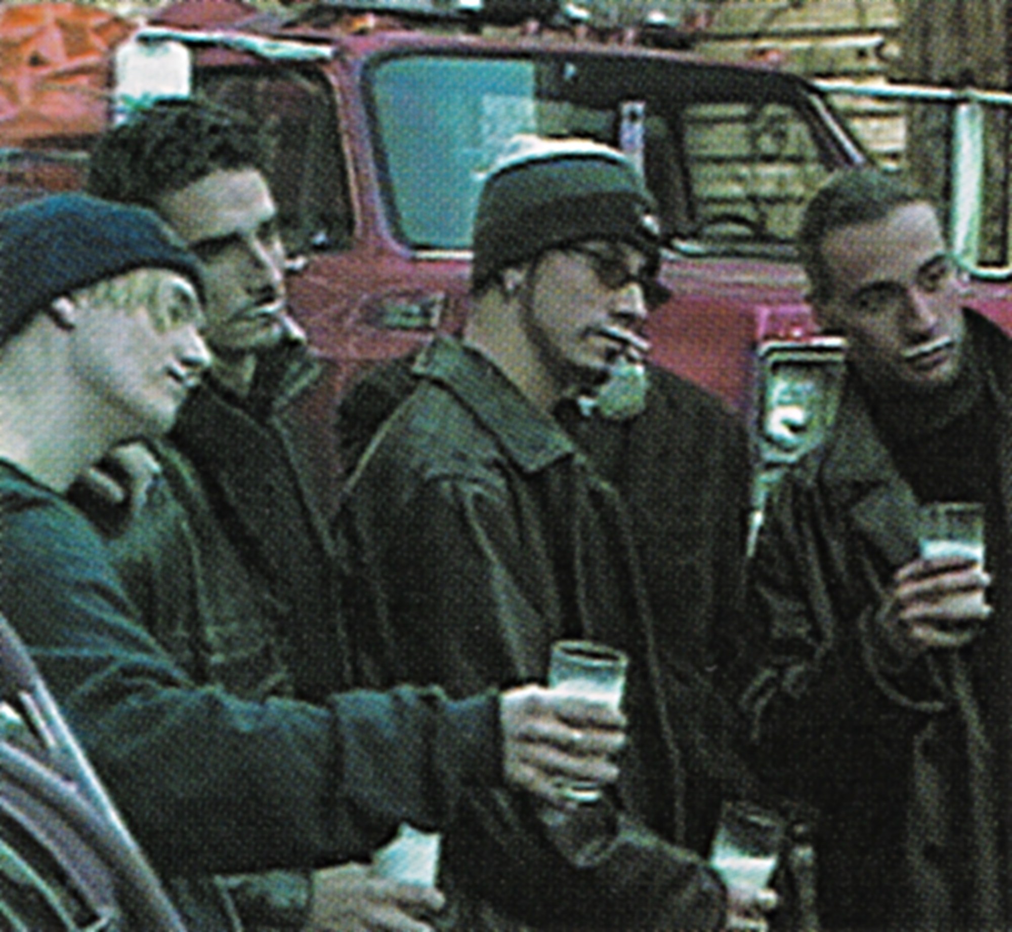 Backstreet Boys shoot — the band on the street with glasses of milk