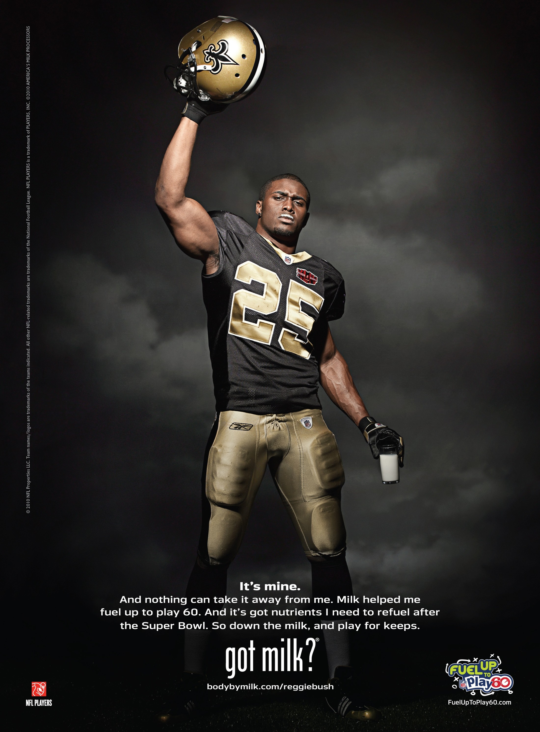 Reggie Bush - winner — Fuel Up to Play 60 version — jersey on, “Milk helped me fuel up to play 60” copy