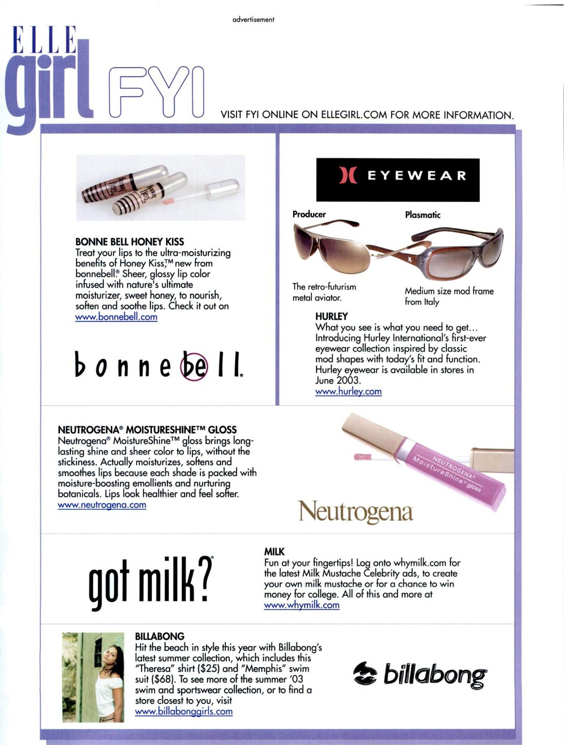 ELLEgirl FYI promotions page — got milk? block (2003)